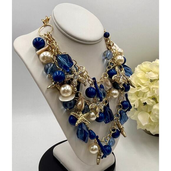 AMRITA SINGH Gold Tone Faux Pearl Nautical Starfish Layered
Statement Necklace - Picture 5 of 10